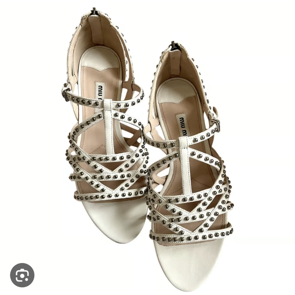 Miu Miu White Studded Leather Strappy Flats Sandals Size 8